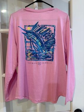 Lauren James Pink Swordfish Graphic Long Sleeve UPF 30+ Sun Guard Shirt Med